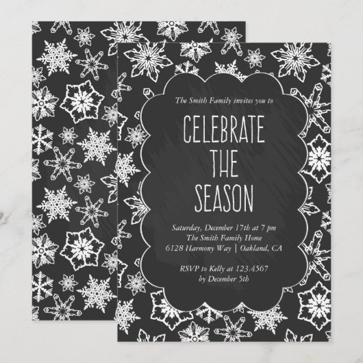 Invitation Chalkboard Snowflakes Fête (Devant / Derrière)