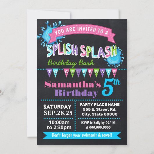 Invitation Chalkboard Splish splash fête d'anniversaire bash  (Devant)