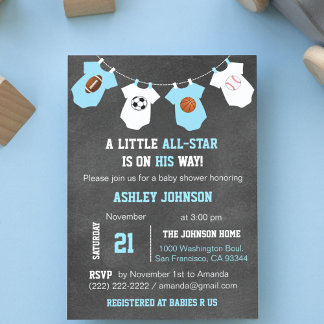 Invitation Chalkboard Sports Petit Baby shower TOUS ÉTOILES