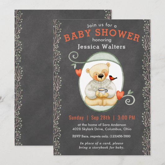 Invitation Chalkboard Story Book Teddy Bear Baby shower (Devant / Derrière)