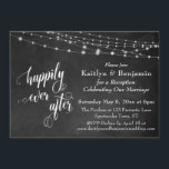 Invitation Chalkboard String Lights Heureusement Jamais Après<br><div class="desc">Cette carte de réception de mariage sophistiquée mais rustique présente une image d'arrière - plan en damier texturé, superposée, représentant des cordes blanches scintillantes. J'ai utilisé une police de caractères élégante et tourbillonnante pour rendre des graphiques représentant les mots "heureux toujours après"; au dos, j'ai placé le mot "amour". Votre...</div>