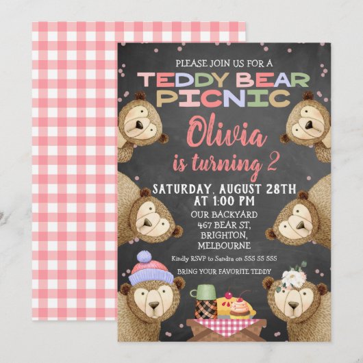 Invitation Chalkboard Teddy Bear Pique-nique Anniversaire Inv (Devant / Derrière)