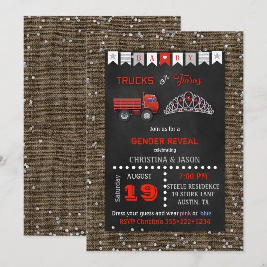 Invitation Chalkboard Trucks ou Tiaras Red Grey Genre Reveill (Devant / Derrière)