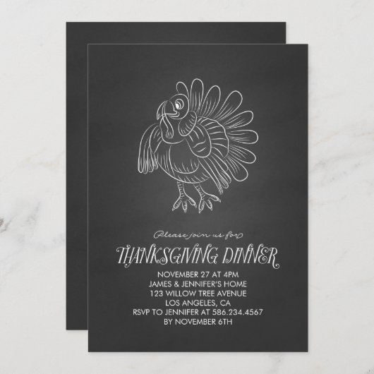 Invitation Chalkboard Turkey Thanksgiving (Devant / Derrière)