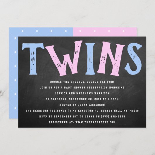 Invitation Chalkboard Typographie Baby shower jumeaux garçon (Devant / Derrière)