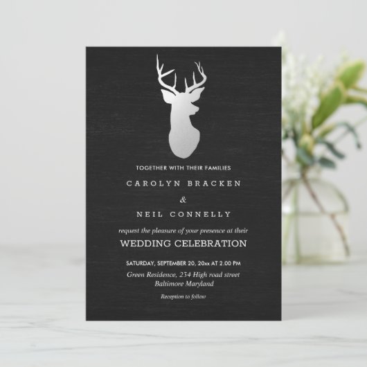 Invitation Chalkboard Vintage Silver Antler Mariage (Debout devant)