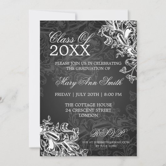 Invitation Chalkboard Vintage Swirls Graduation Party Noir (Devant)