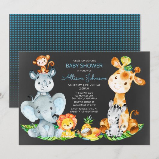 Invitation Chalkboard Watercol Cute Safari Jungle Baby shower (Devant / Derrière)