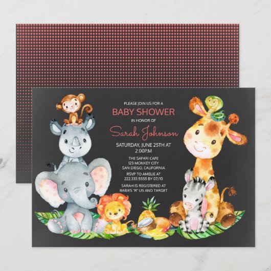 Invitation Chalkboard Watercol Cute Safari Jungle Baby shower (Devant / Derrière)