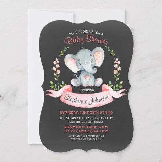 Invitation Chalkboard Watercolor Elephant Girl Baby shower (Devant)