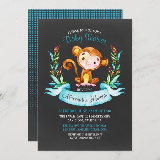 Invitation Chalkboard Watercolor Monkey Boy Baby shower (Devant / Derrière)