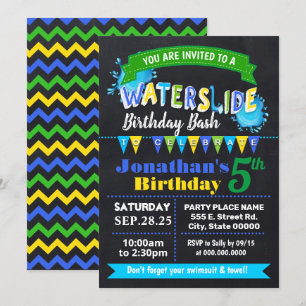 Invitation Chalkboard Waterslide fête d'été bleu