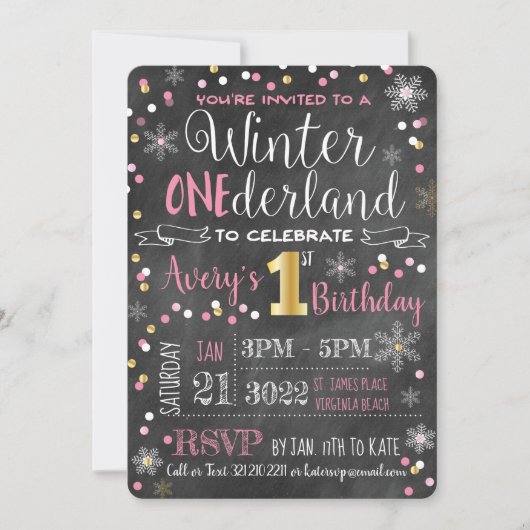 Invitation Chalkboard Winter ONE derland Premier anniversaire (Devant)