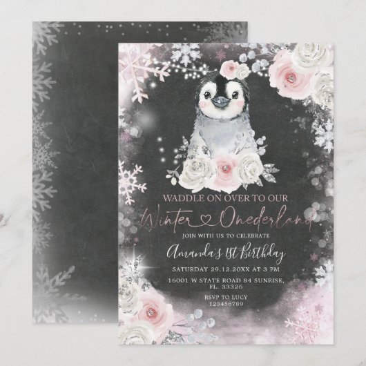 Invitation Chalkboard Winter Penguin Fleurs roses Anniversair (Devant / Derrière)