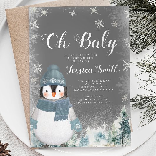 Invitation Chalkboard Winter Penguin Oh Baby shower Forest