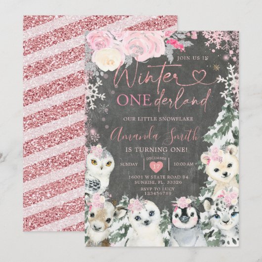 Invitation Chalkboard Winter Rose Animal Onederland Anniversa (Devant / Derrière)
