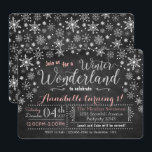 Invitation Chalkboard Winter Wonderland Anniversaire Invitati<br><div class="desc">Annoncez la fête d'anniversaire de votre enfant Winter Wonderland avec ces invitations Chalkboard snowflake en rose, blanc et argent effet parties scintillant. * La parties scintillant est un effet de style, aucune parties scintillant réelle n'est utilisée dans la fabrication de ce design. Les dessins sont tous © Party Sparkle Designs...</div>