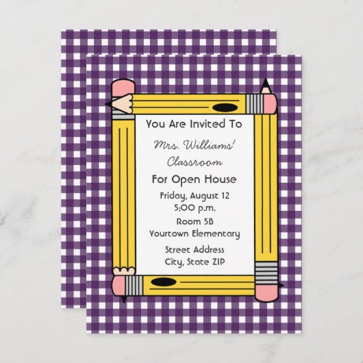 Invitation Chambre ouverte de classe : Crayons jaunes, (Devant / Derrière)