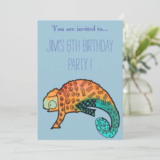 Invitation Chameleon reptile illustration garçon fête d'anniv (Debout devant)