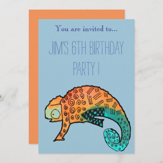 Invitation Chameleon reptile illustration garçon fête d'anniv (Devant / Derrière)