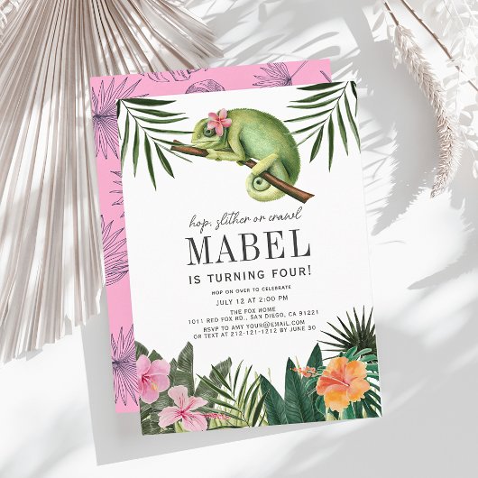 Invitation Chameleon Reptile Tropical Girl Blanc Anniversaire