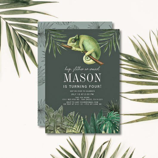 Invitation Chameleon Reptile Tropical Green Boy Anniversaire