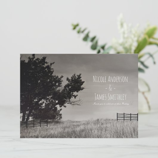 Invitation Champ rustique Mariage campagnard noir blanc noir (Debout devant)