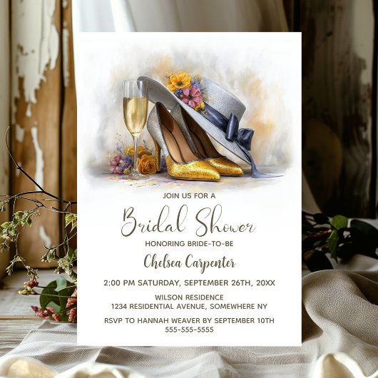 Invitation Champagne and Elegant Gold High Heel Shoes
