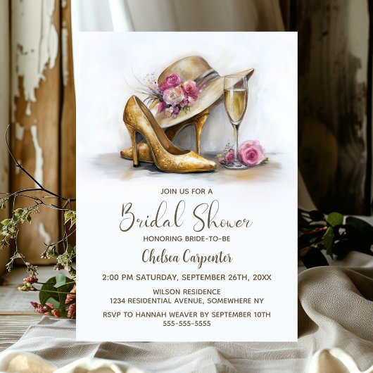 Invitation Champagne and Stylish Gold High Heel Shoes