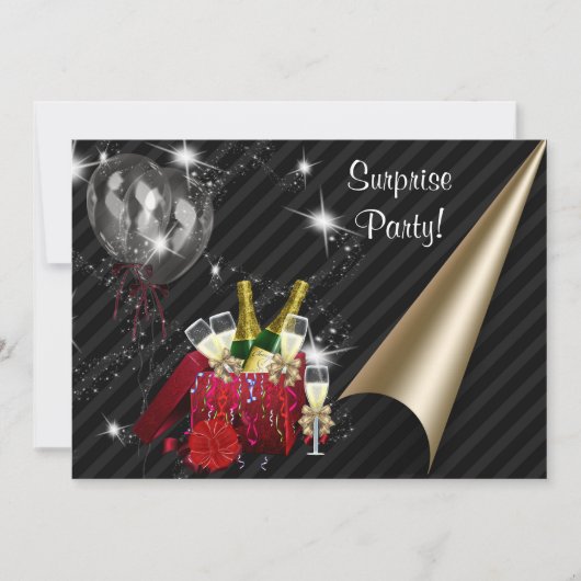 Invitation Champagne Ballons Black Surprise Anniversaire (Devant)
