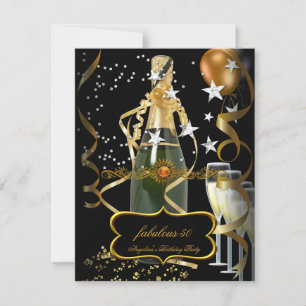 Invitation Champagne Black Gold Balloons fête d'anniversaire