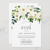 Invitation Champagne Blanc Floral Élégant 80e anniversaire (Devant / Derrière)
