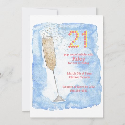 Invitation Champagne bleu 21e anniversaire (Devant)