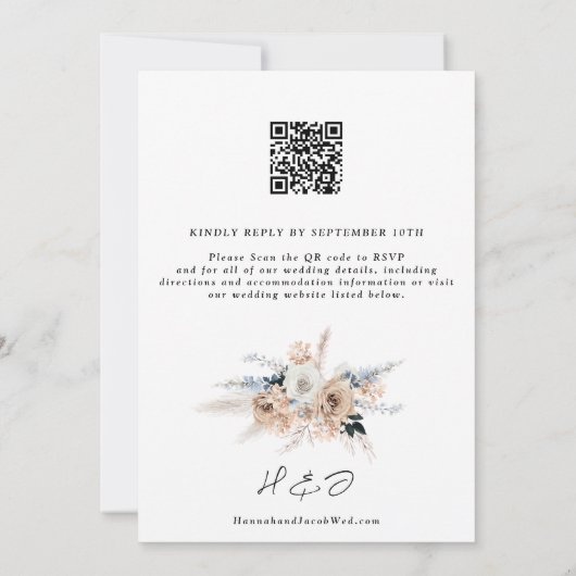 Invitation Champagne bleu Dusty Floral Mariage QR Code RSVP (Dos)