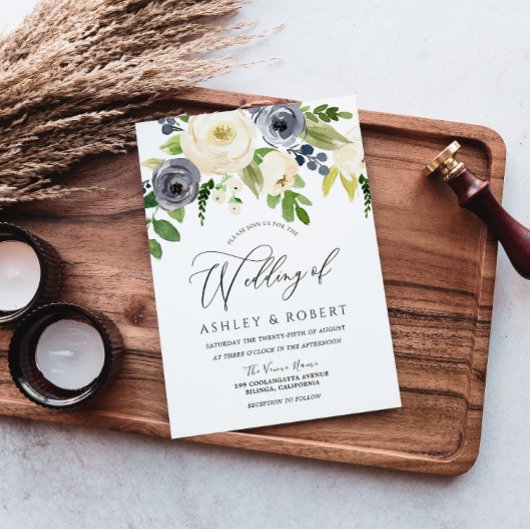 Invitation Champagne Blush Navy Fleurs de fleurs Mariage