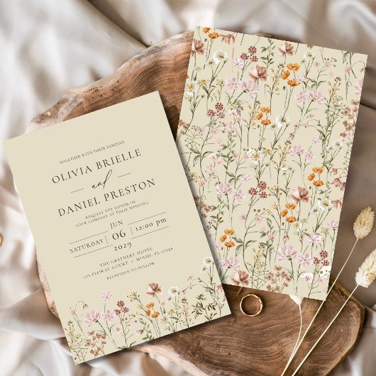 Invitation Champagne Boho Jaune Fleur sauvage Jardin Mariage
