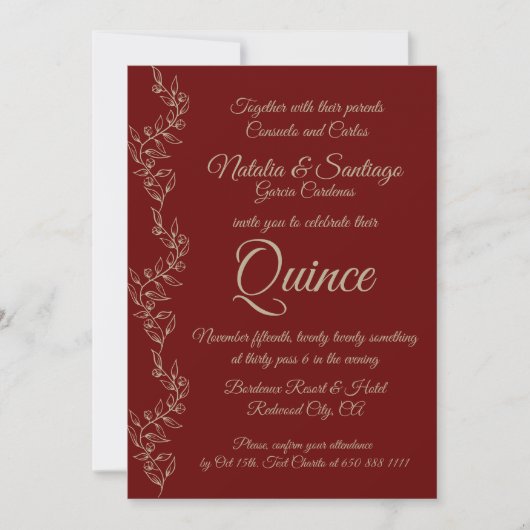 Invitation Champagne Bourgogne Twin Boy Girl Fiesta de Quince (Devant)