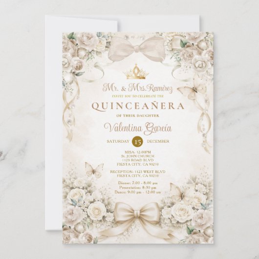 Invitation Champagne Bow Floral Quinceañera Princess (Devant)