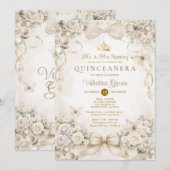 Invitation Champagne Bow Floral Quinceañera Princess (Devant / Derrière)