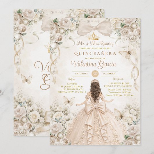 Invitation Champagne Bow Floral Quinceañera Princess (Devant / Derrière)