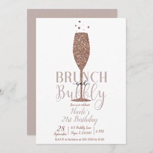 Invitation Champagne Brunch & Bubbly Rose Gold Anniversaire (Devant / Derrière)