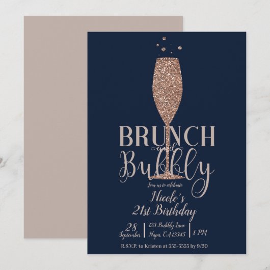 Invitation Champagne Brunch Bubbly Rose Gold Navy Anniversair (Devant / Derrière)