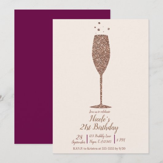 Invitation Champagne Bubbly Chic Rose Gold fête d'anniversair (Devant / Derrière)