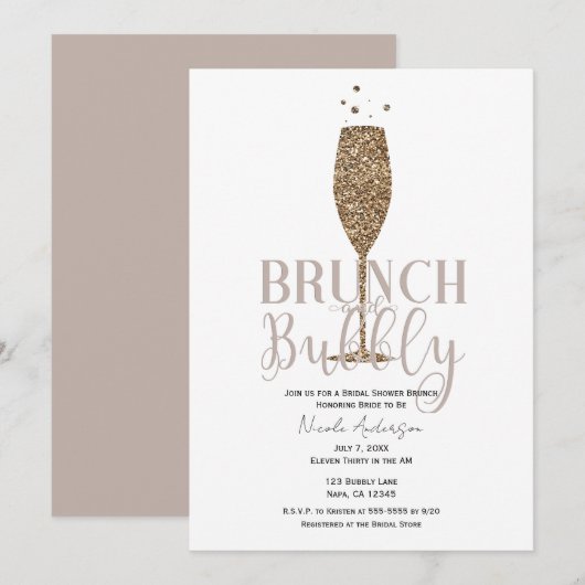 Invitation Champagne Bubbly rose Beige Fête des mariées Brunc (Devant / Derrière)