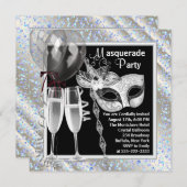 Invitation Champagne Confetti Black et Blue Masquerade Party (Devant / Derrière)