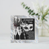 Invitation Champagne Confetti Black et Blue Masquerade Party (Debout devant)