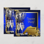 Invitation Champagne Confetti Blue et Gold Surprise Party (Devant / Derrière)