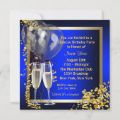 Invitation Champagne Confetti Blue et Gold Surprise Party (Dos)