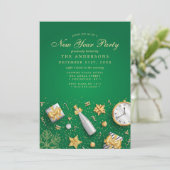 Invitation Champagne Confetti Gold Green New Year Party (Debout devant)