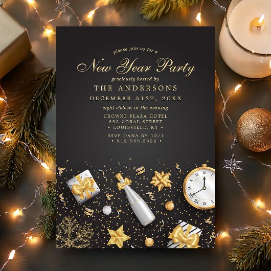 Invitation Champagne Confetti Gold Noir Nouvel An